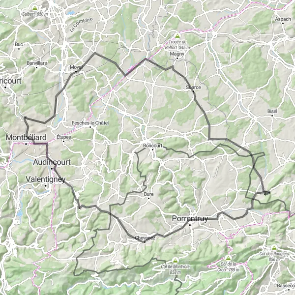 Map miniature of "Bethoncourt to Montbéliard Loop" cycling inspiration in Franche-Comté, France. Generated by Tarmacs.app cycling route planner