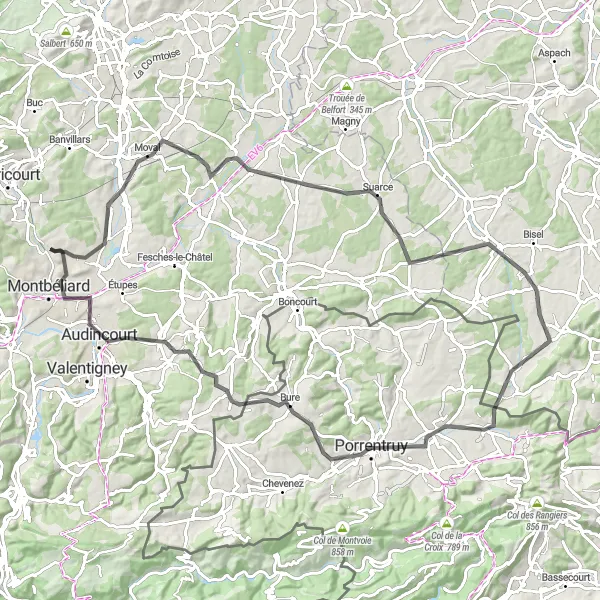 Miniature de la carte de l'inspiration cycliste "Parcours jusqu'à Porrentruy" dans la Franche-Comté, France. Générée par le planificateur d'itinéraire cycliste Tarmacs.app