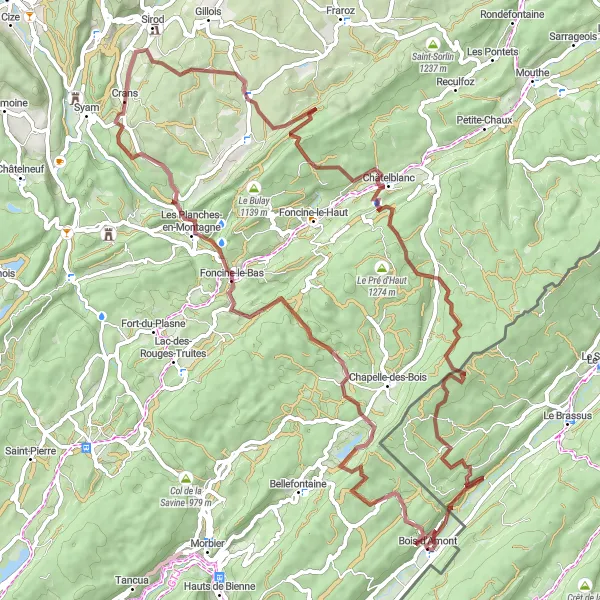 Map miniature of "Gravel Adventure to Roche Bernard and Cascade du Bief de la Ruine" cycling inspiration in Franche-Comté, France. Generated by Tarmacs.app cycling route planner