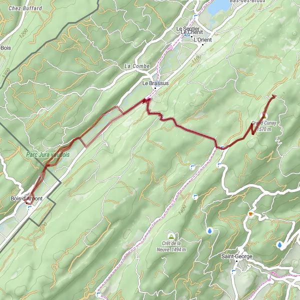 Map miniature of "Gravel Adventure: La Combe-des-Mines to Col du Marchairuz" cycling inspiration in Franche-Comté, France. Generated by Tarmacs.app cycling route planner