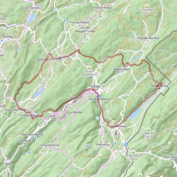 Miniature de la carte de l'inspiration cycliste "Tour de Haut-Jura" dans la Franche-Comté, France. Générée par le planificateur d'itinéraire cycliste Tarmacs.app