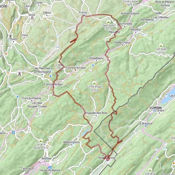 Miniature de la carte de l'inspiration cycliste "Voyage Gravel à Travers le Haut-Jura" dans la Franche-Comté, France. Générée par le planificateur d'itinéraire cycliste Tarmacs.app