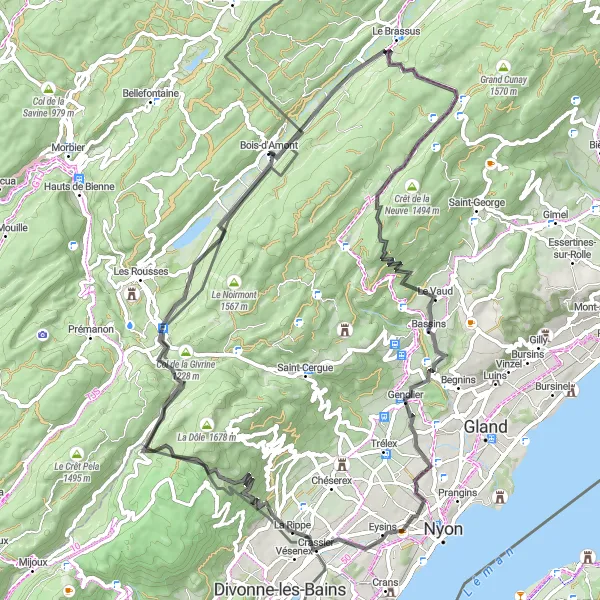 Miniature de la carte de l'inspiration cycliste "Tour des Vignobles du Jura en Route" dans la Franche-Comté, France. Générée par le planificateur d'itinéraire cycliste Tarmacs.app