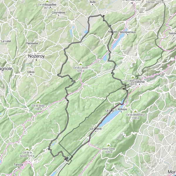 Map miniature of "Road Journey: Exploring the Jura Mountains and Lakes" cycling inspiration in Franche-Comté, France. Generated by Tarmacs.app cycling route planner