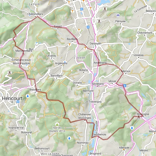 Map miniature of "Gravel Adventure - Exploring Nature near Bourogne" cycling inspiration in Franche-Comté, France. Generated by Tarmacs.app cycling route planner
