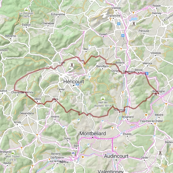 Map miniature of "Bourogne to Dambenois" cycling inspiration in Franche-Comté, France. Generated by Tarmacs.app cycling route planner