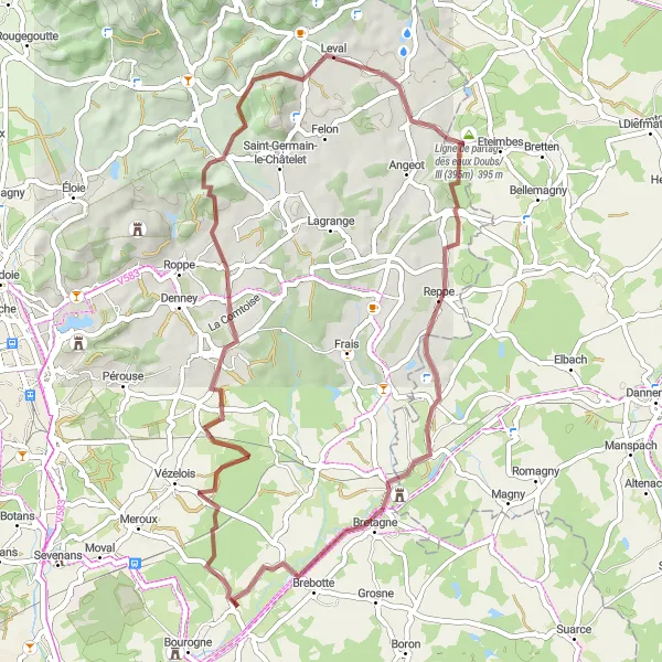 Miniature de la carte de l'inspiration cycliste "Aventure à Petitefontaine et Charmois" dans la Franche-Comté, France. Générée par le planificateur d'itinéraire cycliste Tarmacs.app