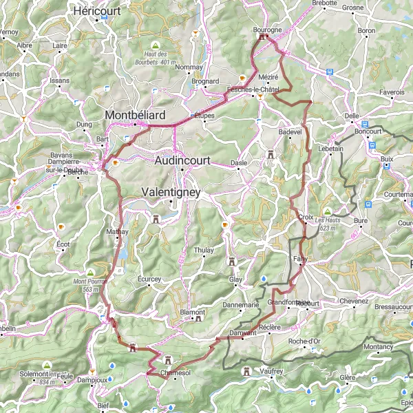 Map miniature of "Bourogne Exploration" cycling inspiration in Franche-Comté, France. Generated by Tarmacs.app cycling route planner