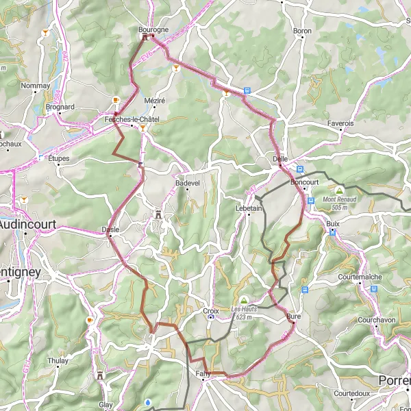 Map miniature of "Exploring Rural Landscapes - A Gravel Cycling Route near Bourogne" cycling inspiration in Franche-Comté, France. Generated by Tarmacs.app cycling route planner