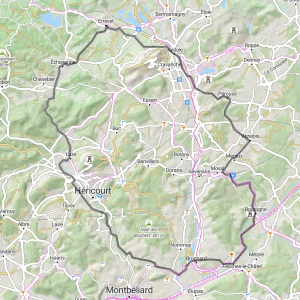 Map miniature of "Hidden Gems - A Road Cycling Route near Bourogne" cycling inspiration in Franche-Comté, France. Generated by Tarmacs.app cycling route planner