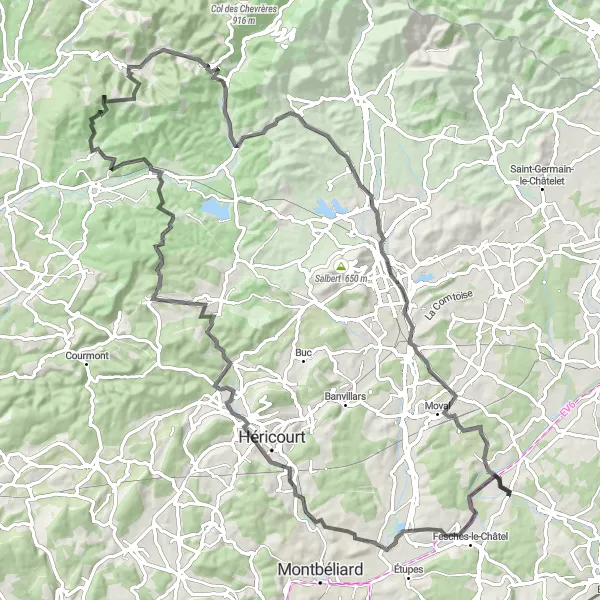 Map miniature of "Bourogne to Brognard" cycling inspiration in Franche-Comté, France. Generated by Tarmacs.app cycling route planner