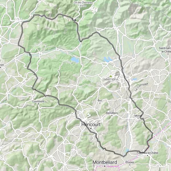 Map miniature of "Chevestraye - A Scenic Road Cycling Route near Bourogne" cycling inspiration in Franche-Comté, France. Generated by Tarmacs.app cycling route planner