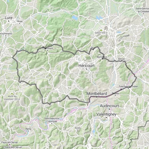 Map miniature of "Bourogne to Méziré" cycling inspiration in Franche-Comté, France. Generated by Tarmacs.app cycling route planner