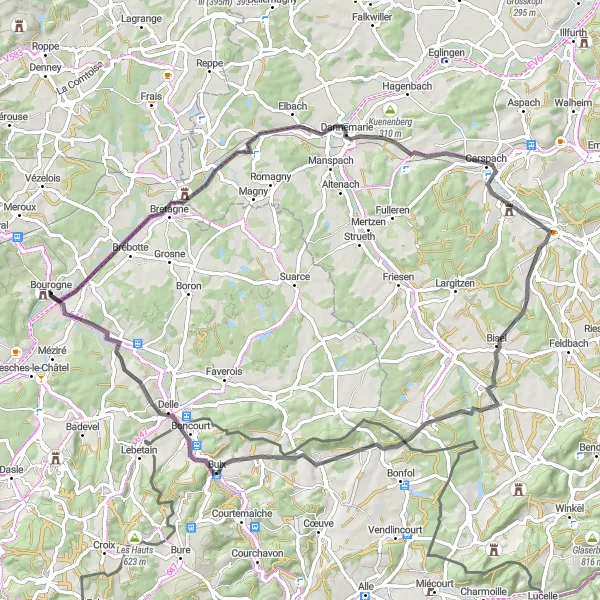 Map miniature of "Belfort Explorer - Road Cycling Route near Bourogne" cycling inspiration in Franche-Comté, France. Generated by Tarmacs.app cycling route planner