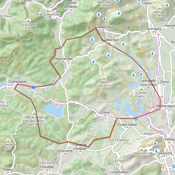 Map miniature of "Gravel Adventure through Franche-Comté" cycling inspiration in Franche-Comté, France. Generated by Tarmacs.app cycling route planner