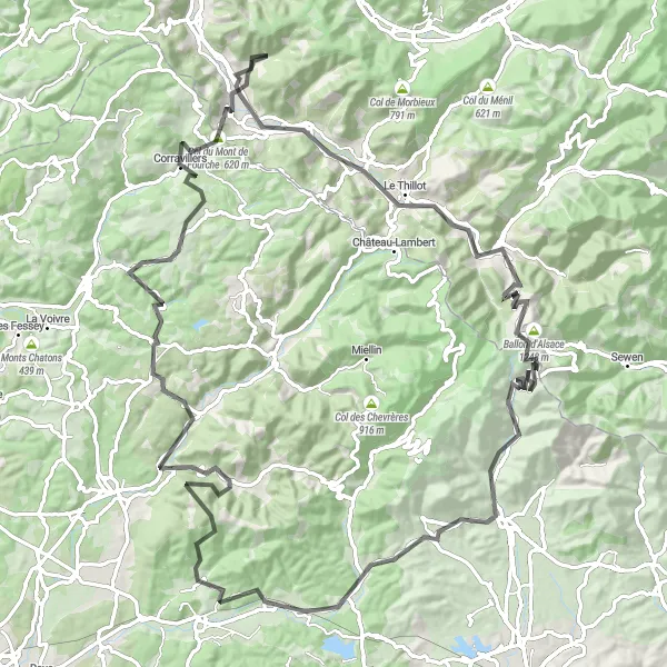 Map miniature of "Mountainous Adventure through Franche-Comté" cycling inspiration in Franche-Comté, France. Generated by Tarmacs.app cycling route planner