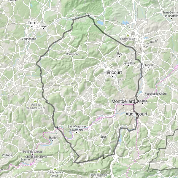 Map miniature of "Hidden Gems of Franche-Comté" cycling inspiration in Franche-Comté, France. Generated by Tarmacs.app cycling route planner