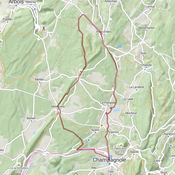 Map miniature of "Gravel Ride through Chilly-sur-Salins" cycling inspiration in Franche-Comté, France. Generated by Tarmacs.app cycling route planner