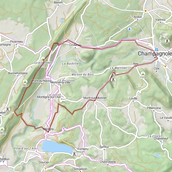 Map miniature of "Gravel Route to Belvédère de Bénédegand" cycling inspiration in Franche-Comté, France. Generated by Tarmacs.app cycling route planner