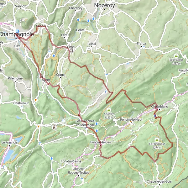 Miniature de la carte de l'inspiration cycliste "Circuit du Haut-Jura à partir de Champagnole" dans la Franche-Comté, France. Générée par le planificateur d'itinéraire cycliste Tarmacs.app