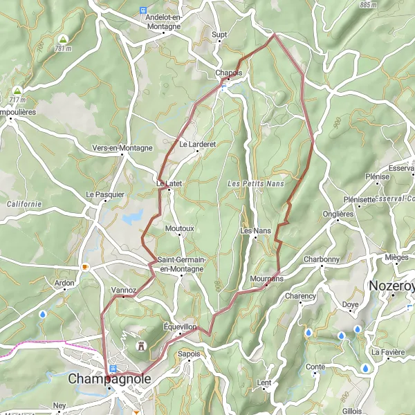 Map miniature of "Gravel Adventure in Vannoz" cycling inspiration in Franche-Comté, France. Generated by Tarmacs.app cycling route planner