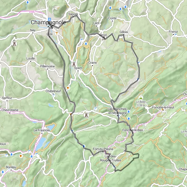 Miniature de la carte de l'inspiration cycliste "Boucle Road à la Découverte de Sapois" dans la Franche-Comté, France. Générée par le planificateur d'itinéraire cycliste Tarmacs.app