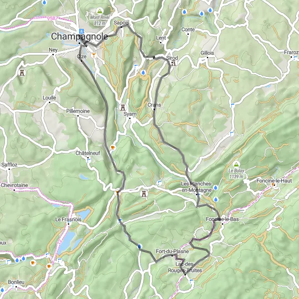 Miniature de la carte de l'inspiration cycliste "Boucle Road de Champagnole" dans la Franche-Comté, France. Générée par le planificateur d'itinéraire cycliste Tarmacs.app