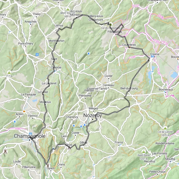 Miniature de la carte de l'inspiration cycliste "Tour de Mont Segrin" dans la Franche-Comté, France. Générée par le planificateur d'itinéraire cycliste Tarmacs.app