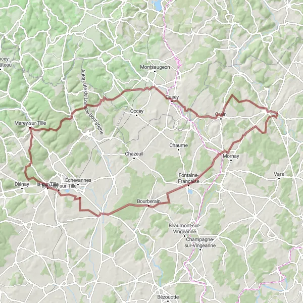 Map miniature of "La Villeneuve-sur-Vingeanne Gravel Tour" cycling inspiration in Franche-Comté, France. Generated by Tarmacs.app cycling route planner