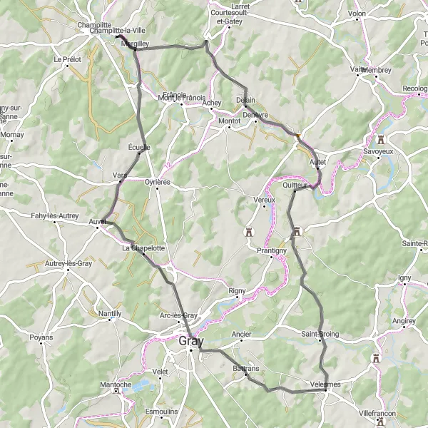 Map miniature of "Denèvre Road Loop" cycling inspiration in Franche-Comté, France. Generated by Tarmacs.app cycling route planner