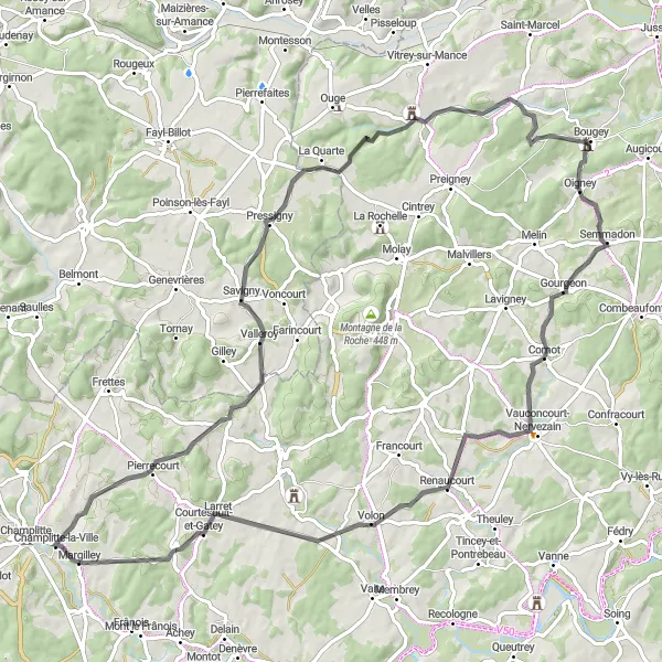 Miniature de la carte de l'inspiration cycliste "La route des villages pittoresques" dans la Franche-Comté, France. Générée par le planificateur d'itinéraire cycliste Tarmacs.app