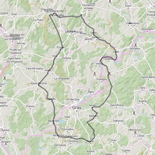 Miniature de la carte de l'inspiration cycliste "Parcours pittoresque autour de Champlitte" dans la Franche-Comté, France. Générée par le planificateur d'itinéraire cycliste Tarmacs.app