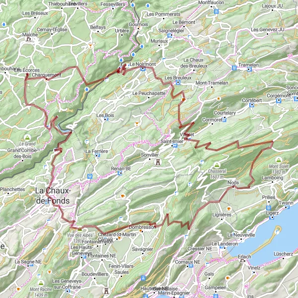 Map miniature of "Gravel Adventure to Petit Chasseral" cycling inspiration in Franche-Comté, France. Generated by Tarmacs.app cycling route planner