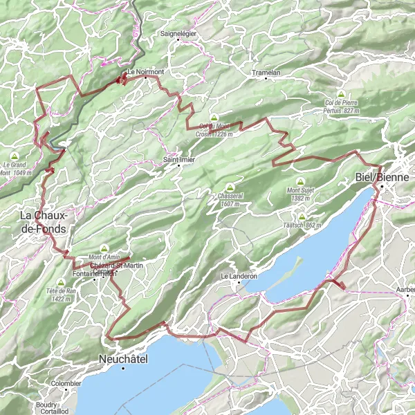 Map miniature of "Scenic Gravel Loop to Biel/Bienne" cycling inspiration in Franche-Comté, France. Generated by Tarmacs.app cycling route planner