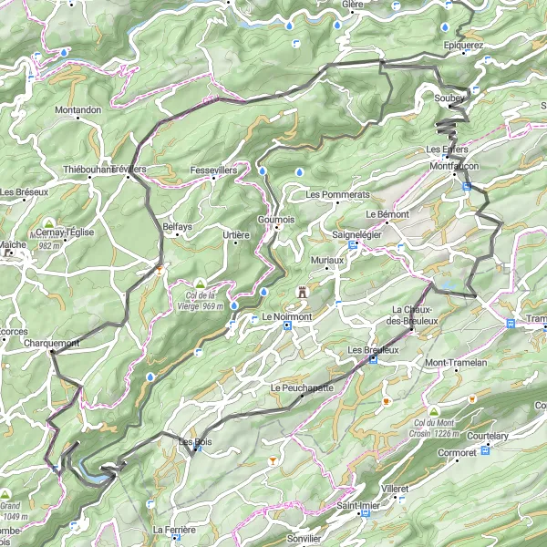 Map miniature of "Damprichard Loop" cycling inspiration in Franche-Comté, France. Generated by Tarmacs.app cycling route planner