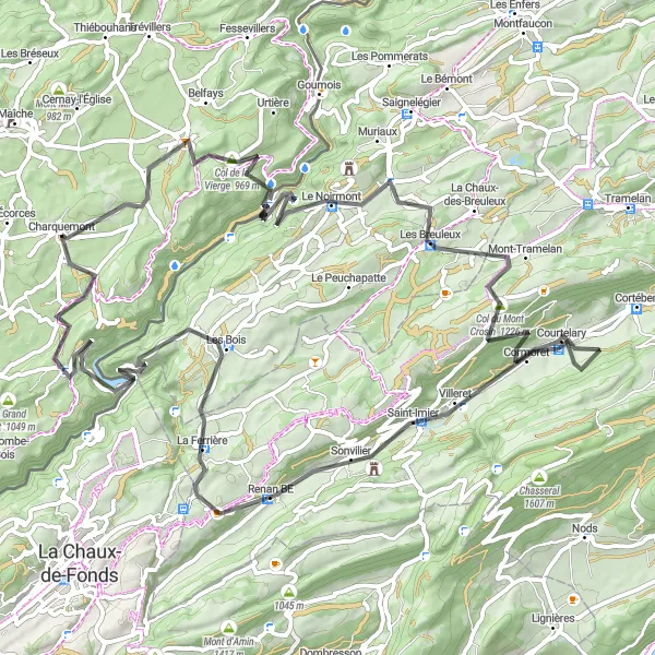 Miniature de la carte de l'inspiration cycliste "Tour de Franche-Comté via Col du Mont Crosin" dans la Franche-Comté, France. Générée par le planificateur d'itinéraire cycliste Tarmacs.app