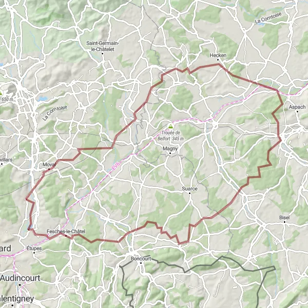 Miniature de la carte de l'inspiration cycliste "Aventure gravel en Franche-Comté" dans la Franche-Comté, France. Générée par le planificateur d'itinéraire cycliste Tarmacs.app