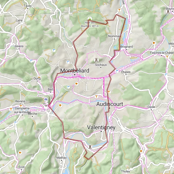 Map miniature of "Valentigney Gravel Excursion" cycling inspiration in Franche-Comté, France. Generated by Tarmacs.app cycling route planner