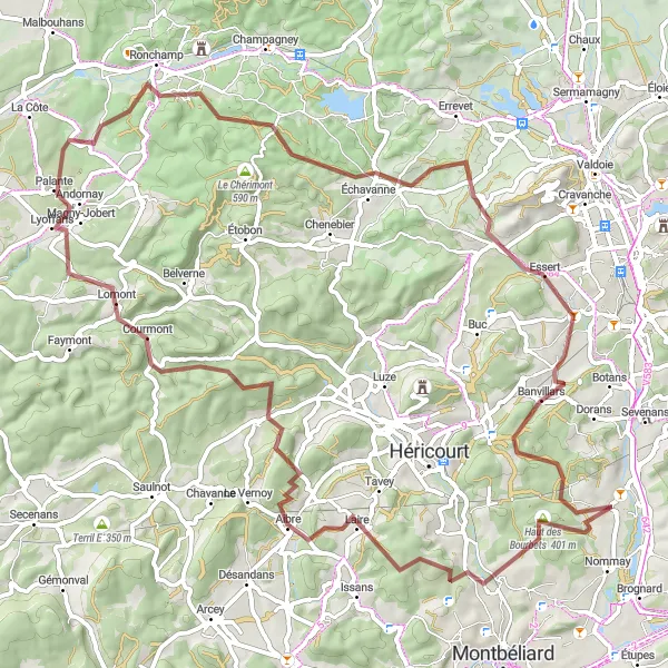 Miniature de la carte de l'inspiration cycliste "Explorer les sentiers gravel de Franche-Comté" dans la Franche-Comté, France. Générée par le planificateur d'itinéraire cycliste Tarmacs.app