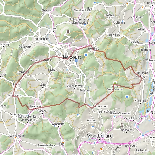 Map miniature of "Nature Tour of Brevilliers" cycling inspiration in Franche-Comté, France. Generated by Tarmacs.app cycling route planner
