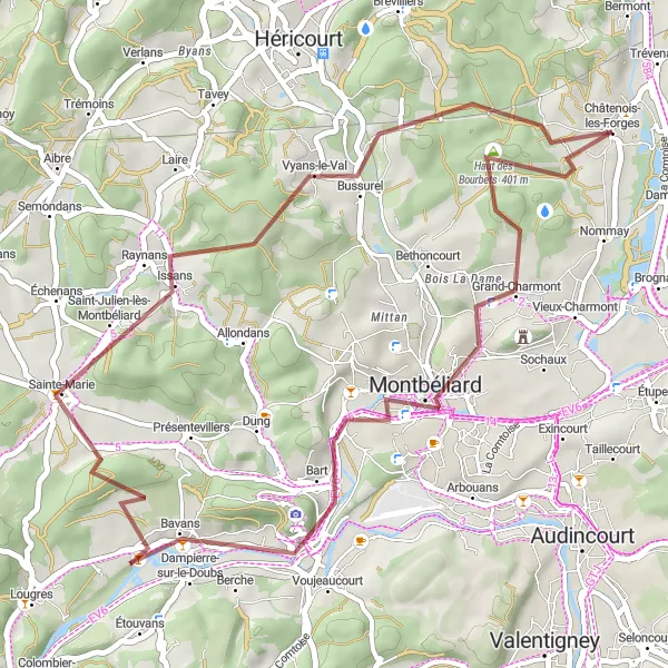 Miniature de la carte de l'inspiration cycliste "Sentiers Secrets de Franche-Comté" dans la Franche-Comté, France. Générée par le planificateur d'itinéraire cycliste Tarmacs.app