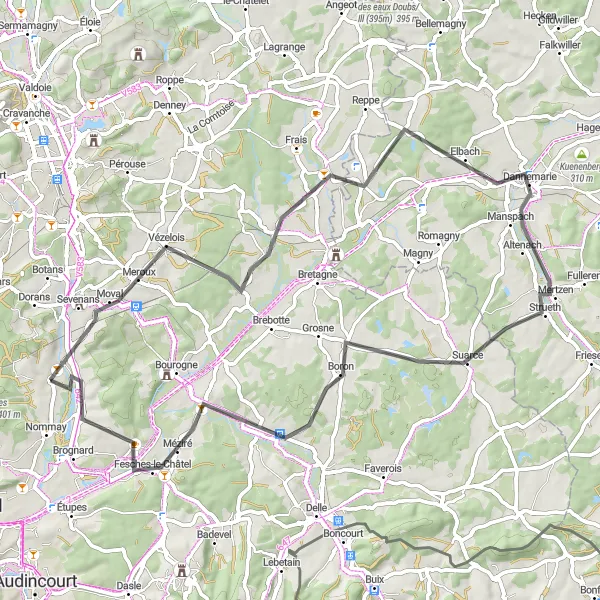 Map miniature of "Scenic Road Cycling Tour near Châtenois-les-Forges" cycling inspiration in Franche-Comté, France. Generated by Tarmacs.app cycling route planner