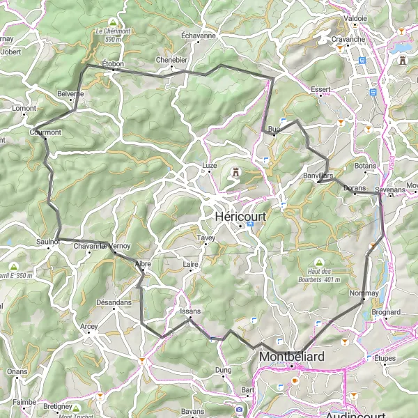Miniature de la carte de l'inspiration cycliste "Aventure cycliste en Franche-Comté" dans la Franche-Comté, France. Générée par le planificateur d'itinéraire cycliste Tarmacs.app