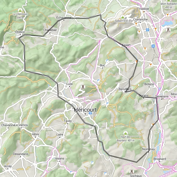 Map miniature of "Bethoncourt Gravel Adventure" cycling inspiration in Franche-Comté, France. Generated by Tarmacs.app cycling route planner