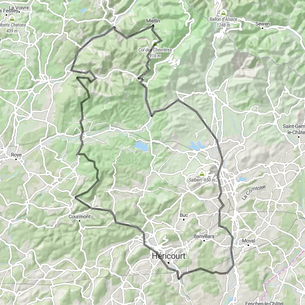 Miniature de la carte de l'inspiration cycliste "Parcours des Montagnes Franches" dans la Franche-Comté, France. Générée par le planificateur d'itinéraire cycliste Tarmacs.app