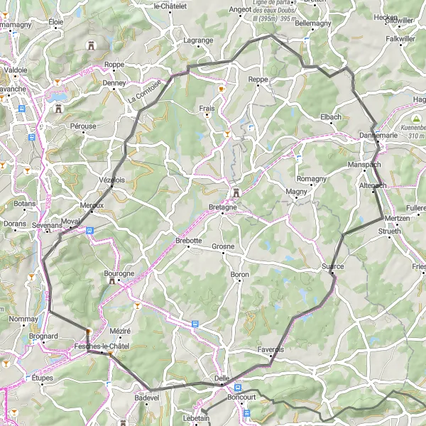 Map miniature of "Challenging Road Cycling Route in Franche-Comté" cycling inspiration in Franche-Comté, France. Generated by Tarmacs.app cycling route planner