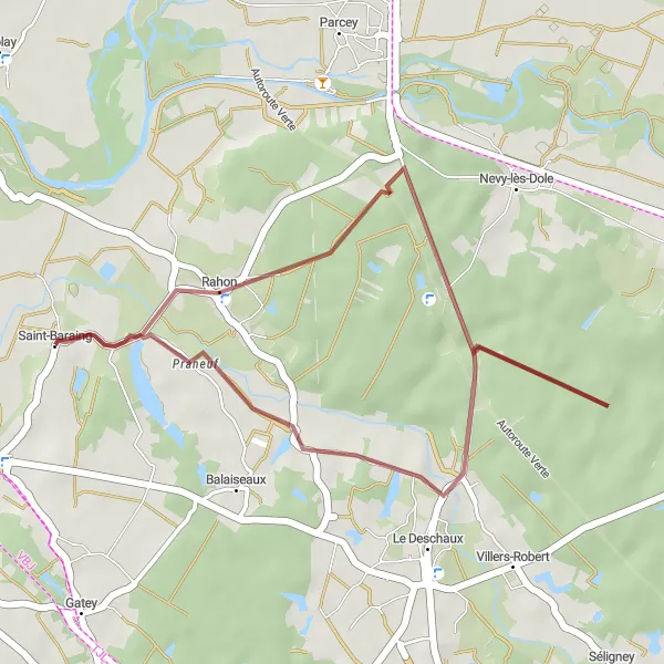 Map miniature of "Rahon Gravel Loop" cycling inspiration in Franche-Comté, France. Generated by Tarmacs.app cycling route planner