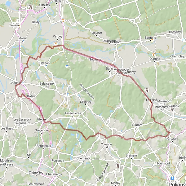 Miniature de la carte de l'inspiration cycliste "Aventure en gravel autour de Chaussin" dans la Franche-Comté, France. Générée par le planificateur d'itinéraire cycliste Tarmacs.app