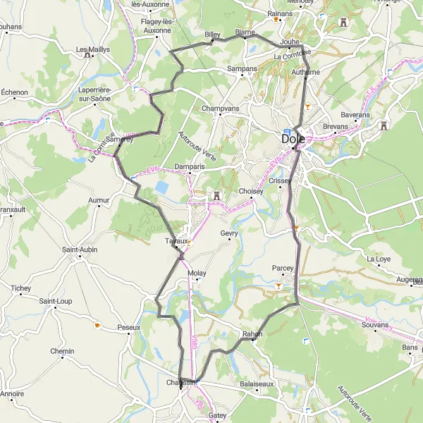 Map miniature of "Tavaux Circuit" cycling inspiration in Franche-Comté, France. Generated by Tarmacs.app cycling route planner