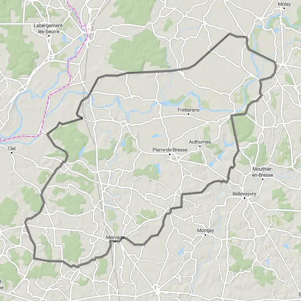 Miniature de la carte de l'inspiration cycliste "Parcours Mervans - Chemin" dans la Franche-Comté, France. Générée par le planificateur d'itinéraire cycliste Tarmacs.app